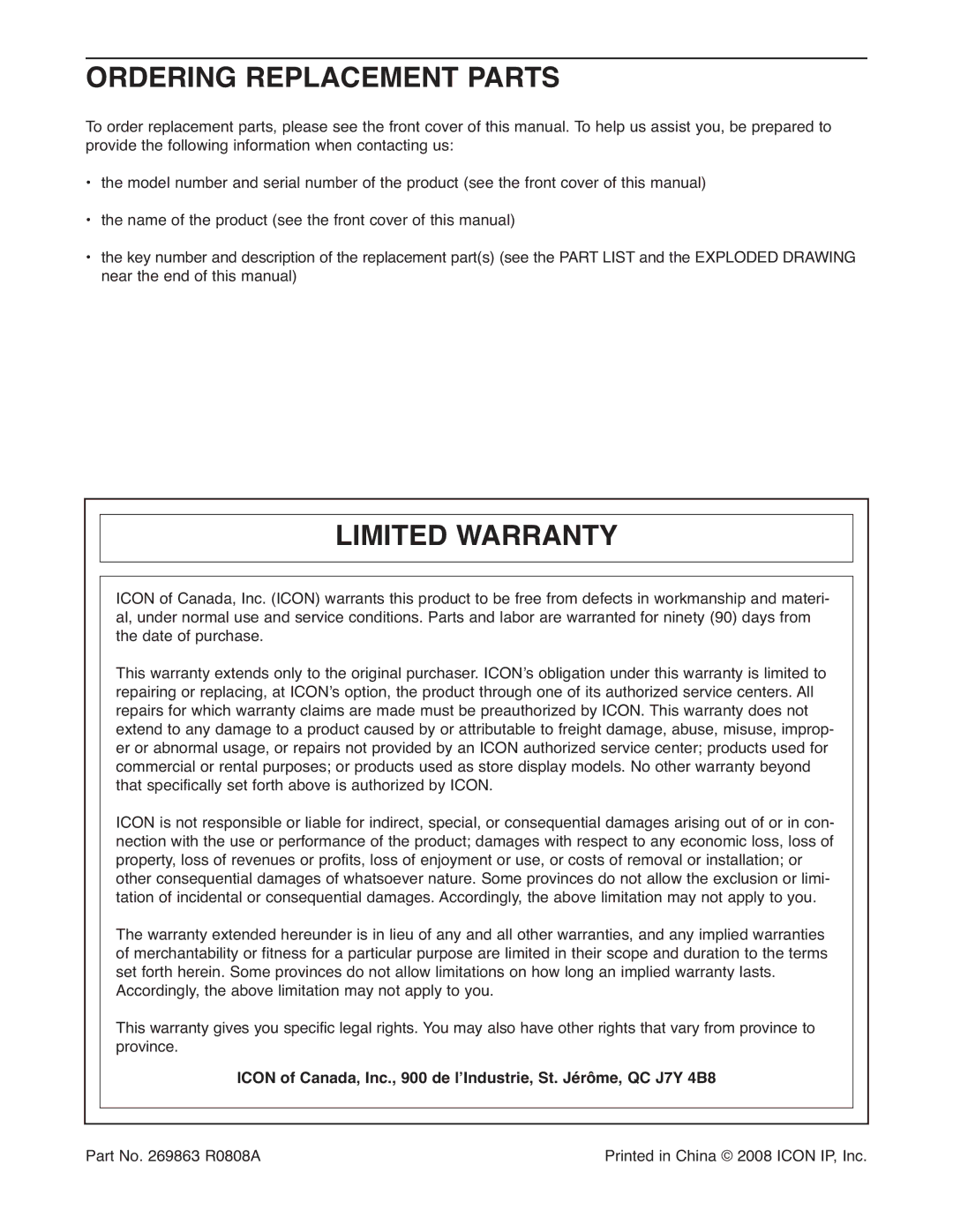 Weider 30664.0 user manual Ordering Replacement Parts, Limited Warranty 