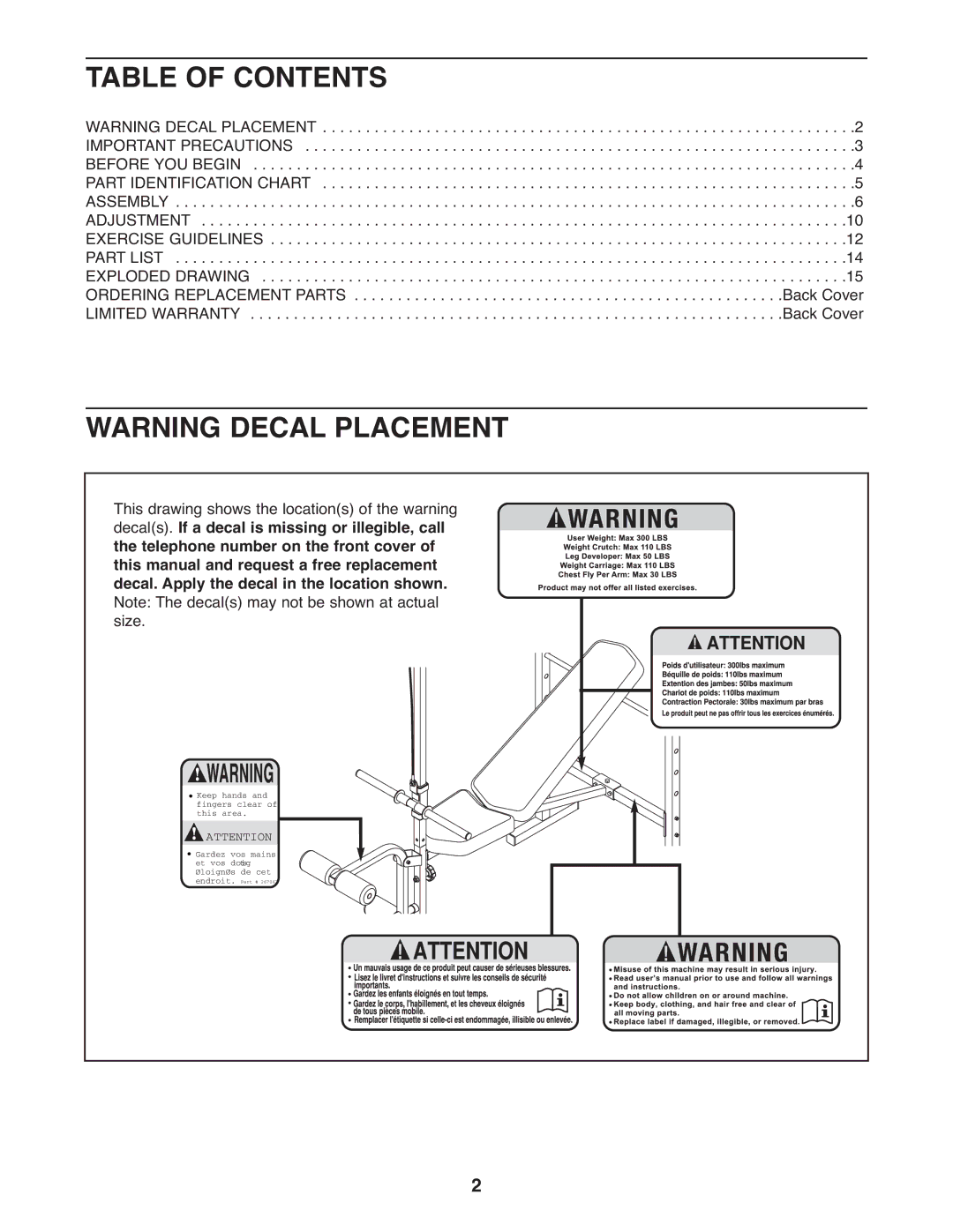 Weider 30664.0 user manual Table of Contents 