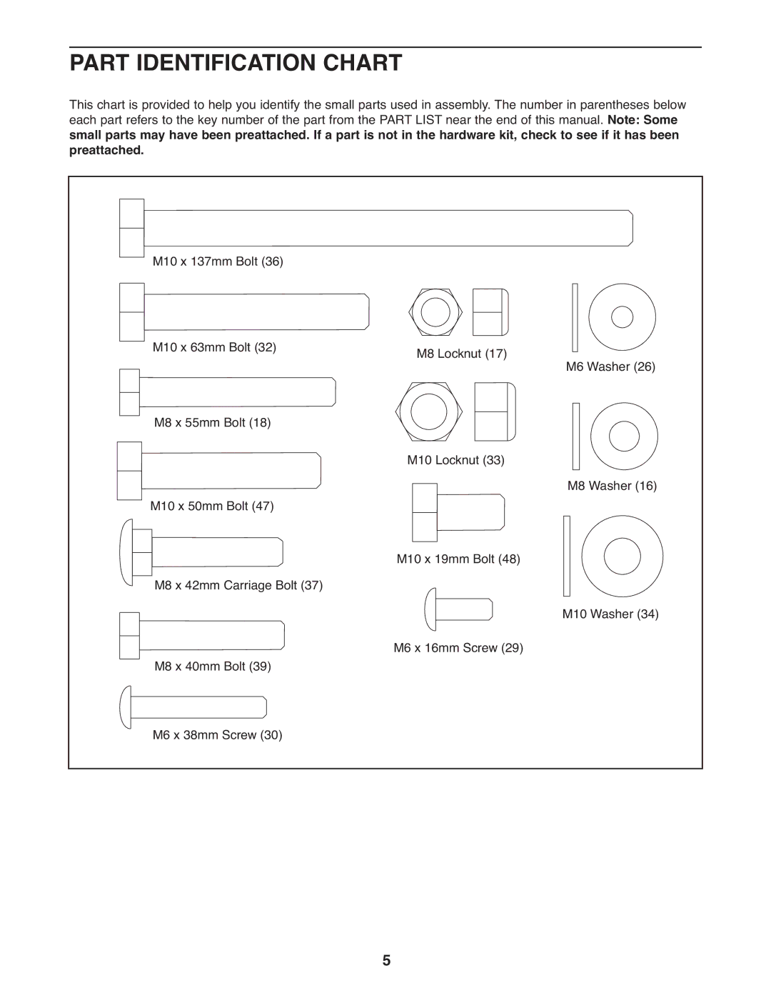 Weider 30664.0 user manual Part Identification Chart 