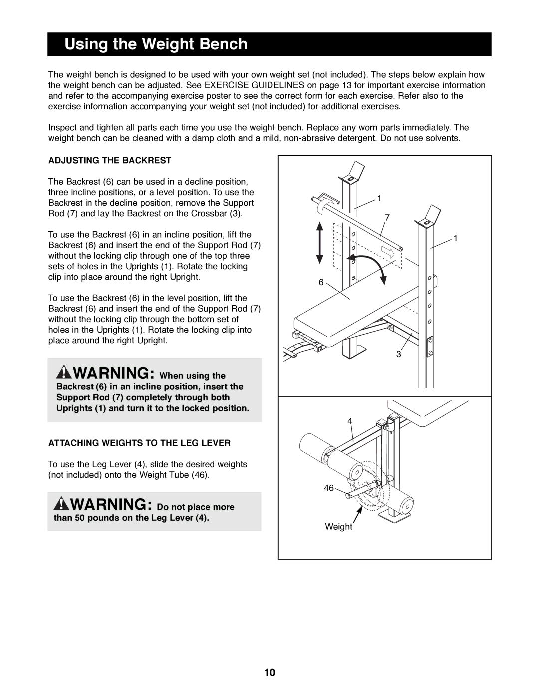 Weider 500 manual Using the Weight Bench, Adjusting the Backrest, Attaching Weights to the LEG Lever 