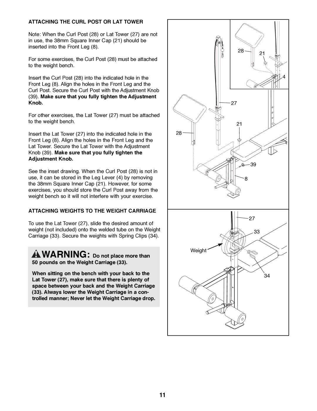 Weider 500 manual Attaching the Curl Post or LAT Tower, Adjustment Knob, Attaching Weights to the Weight Carriage 