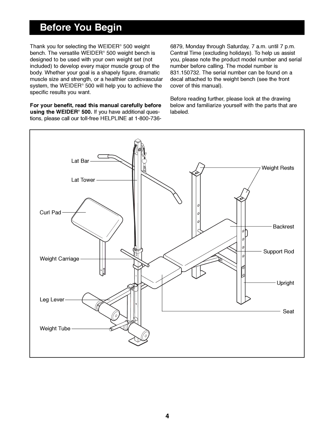 Weider 500 manual Before You Begin 