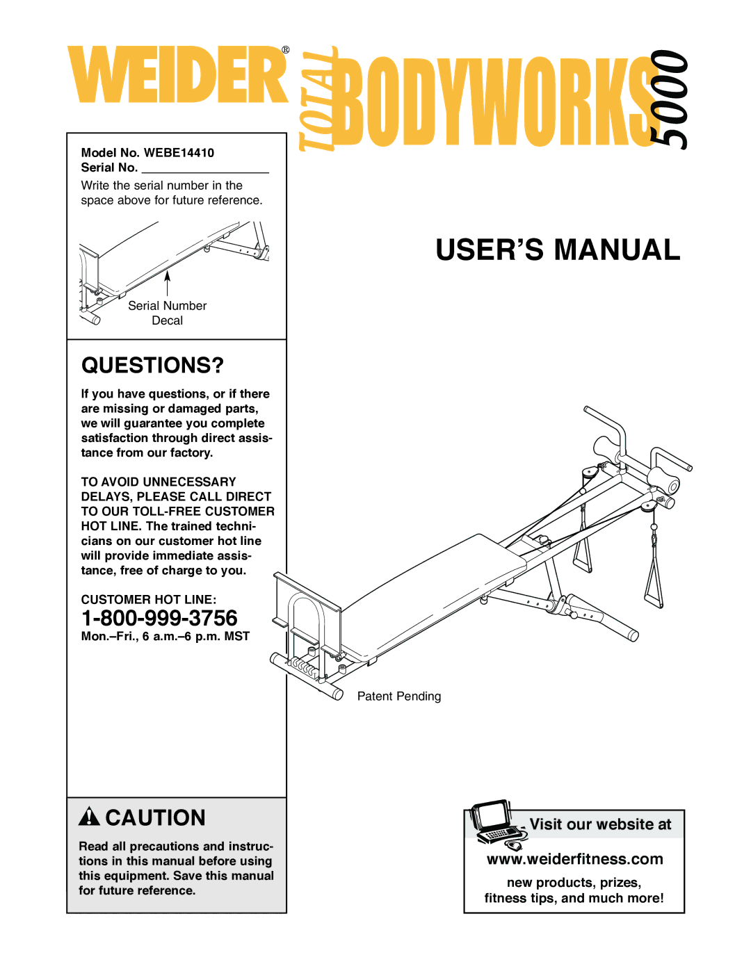 Weider 5000 user manual Questions?, Customer HOT Line 