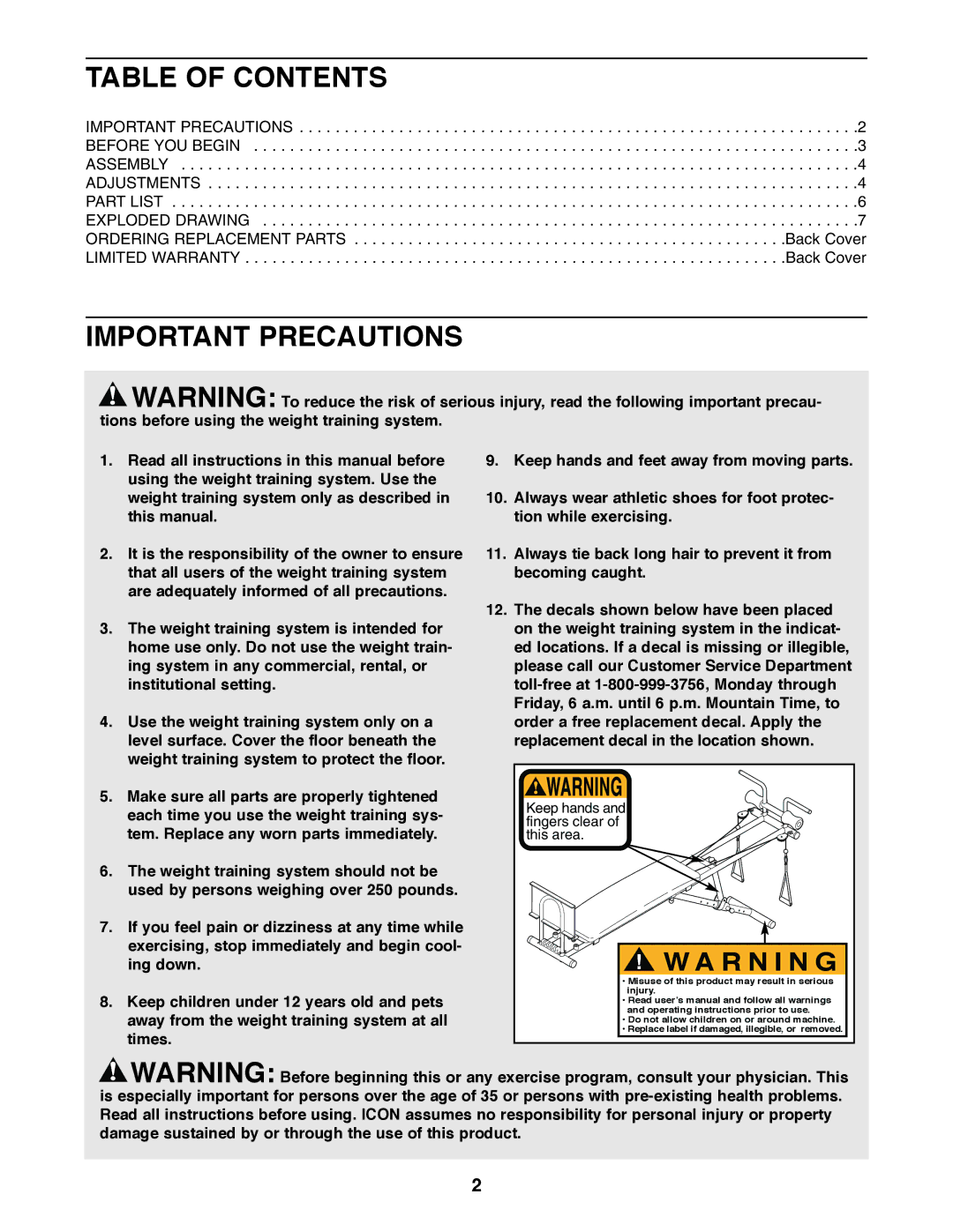 Weider 5000 user manual Table of Contents, Important Precautions 