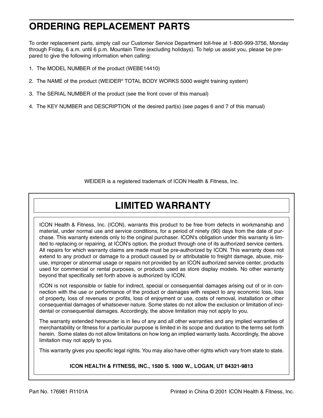 Weider 5000 user manual Ordering Replacement Parts, Limited Warranty 