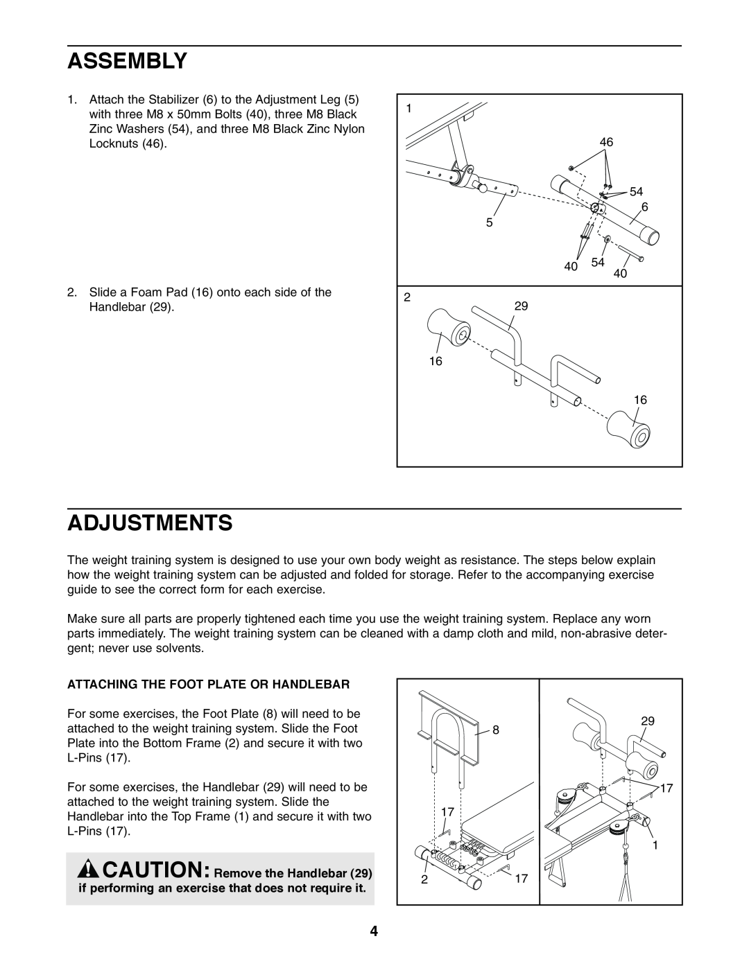 Weider 5000 user manual Assembly, Adjustments, Attaching The Foot Plate Or Handlebar 