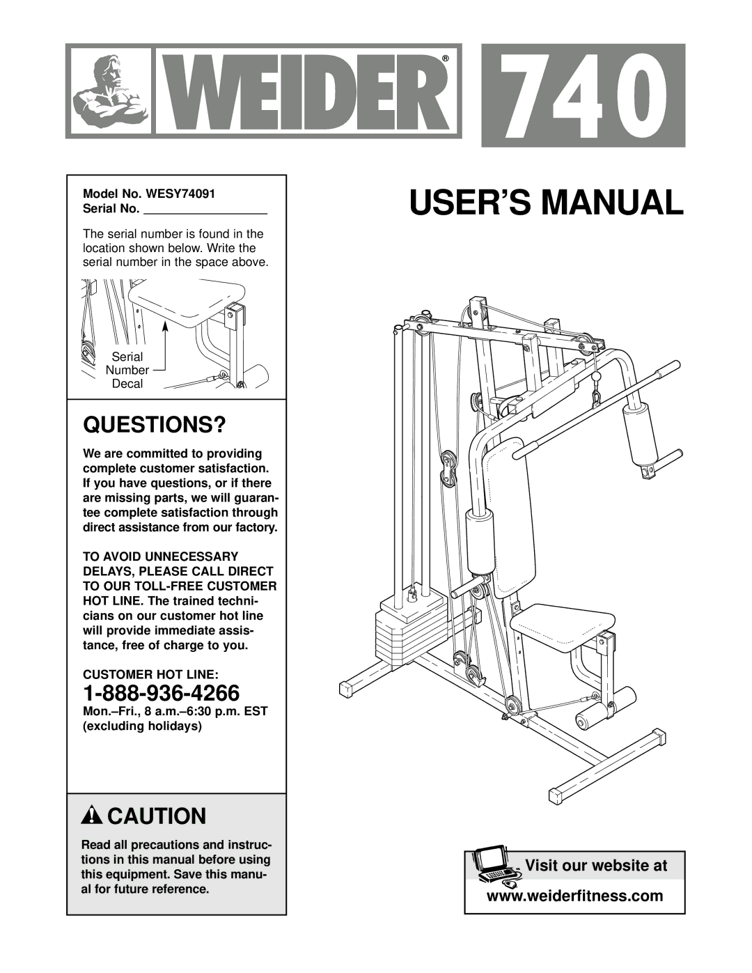 Weider user manual Model No. WESY74091 Serial No, Serial Number Decal 