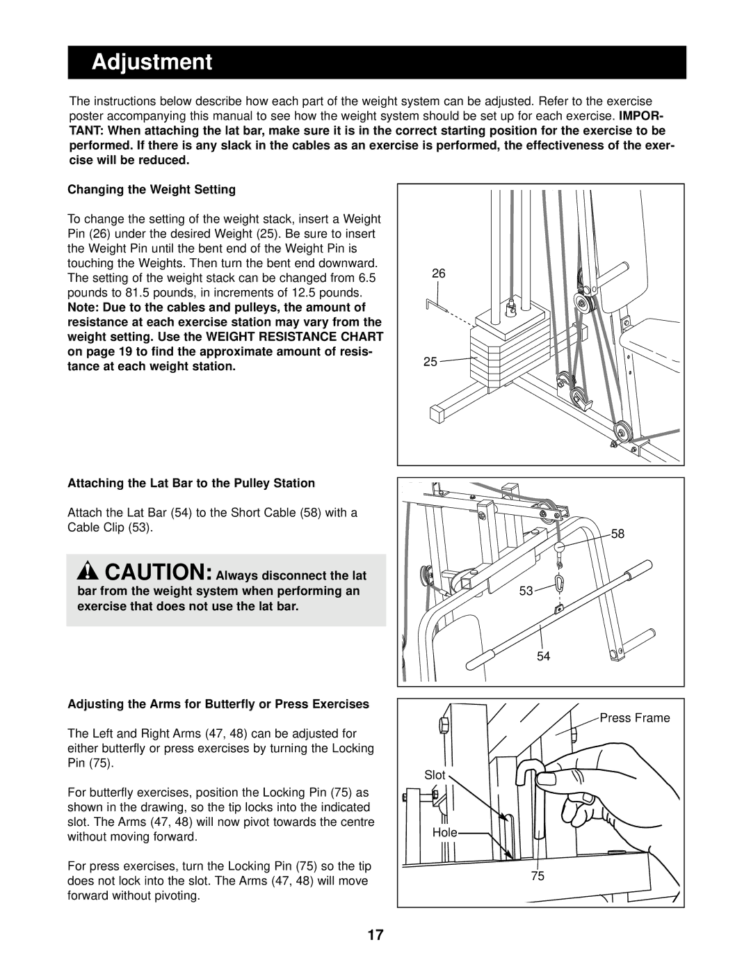 Weider 740 Adjustment, Cise will be reduced Changing the Weight Setting, Attaching the Lat Bar to the Pulley Station 