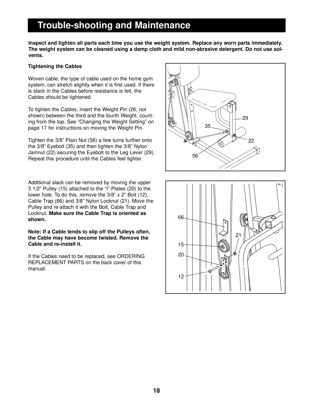 Weider 740 user manual Trouble-shooting and Maintenance, Cable and re-install it 