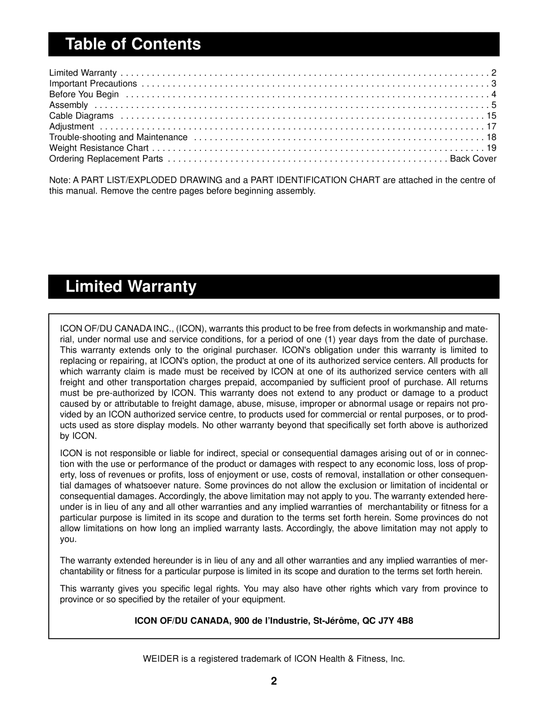 Weider 740 user manual Table of Contents, Limited Warranty 