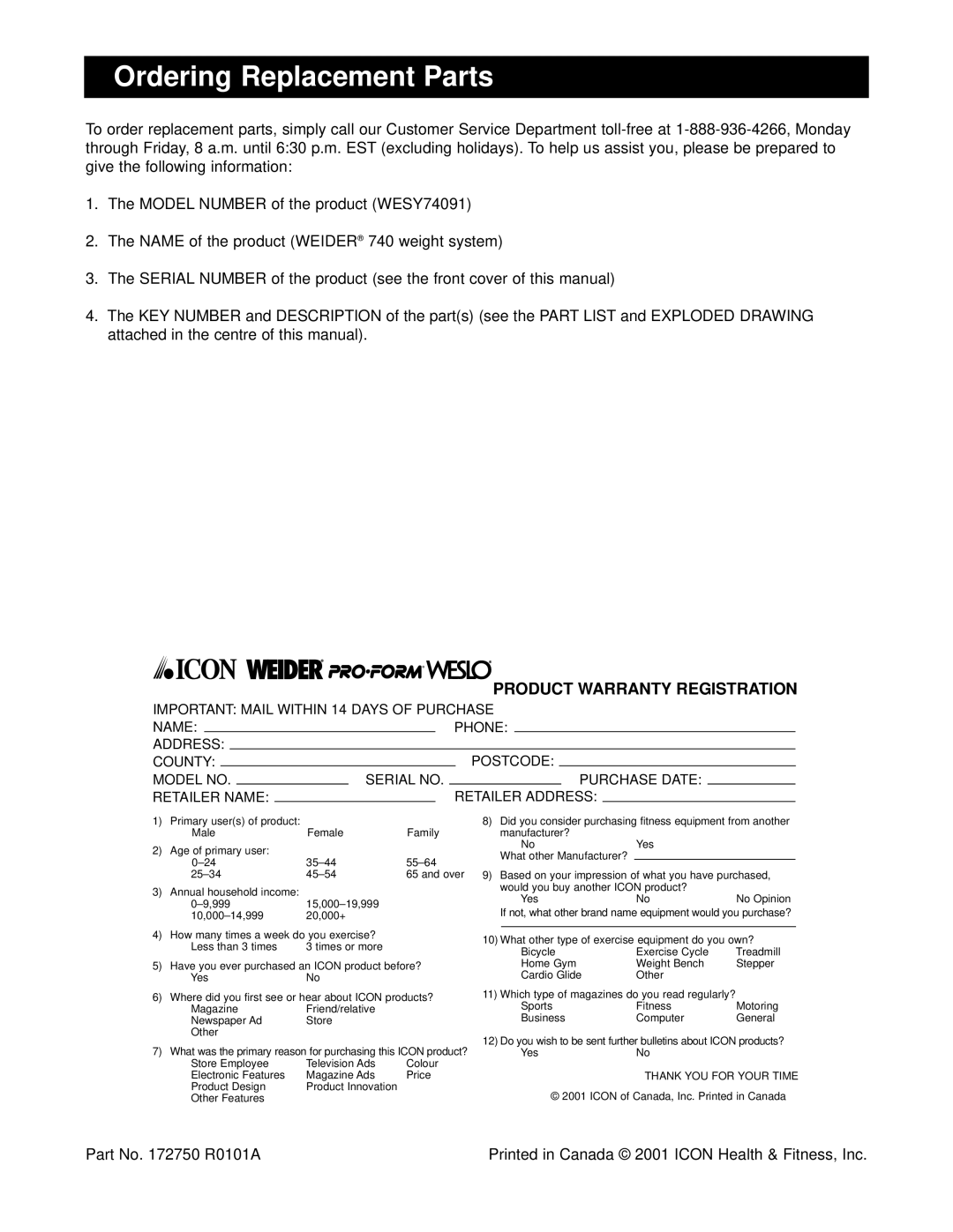 Weider 740 user manual Ordering Replacement Parts, Part No R0101A 