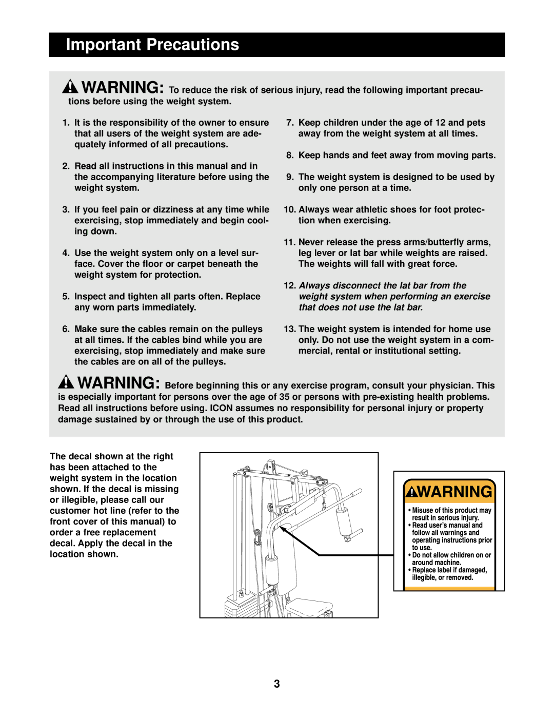 Weider 740 Important Precautions, Make sure the cables remain on the pulleys, Keep hands and feet away from moving parts 