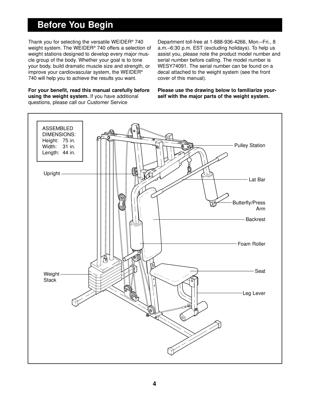 Weider 740 user manual Before You Begin, Using the weight system 