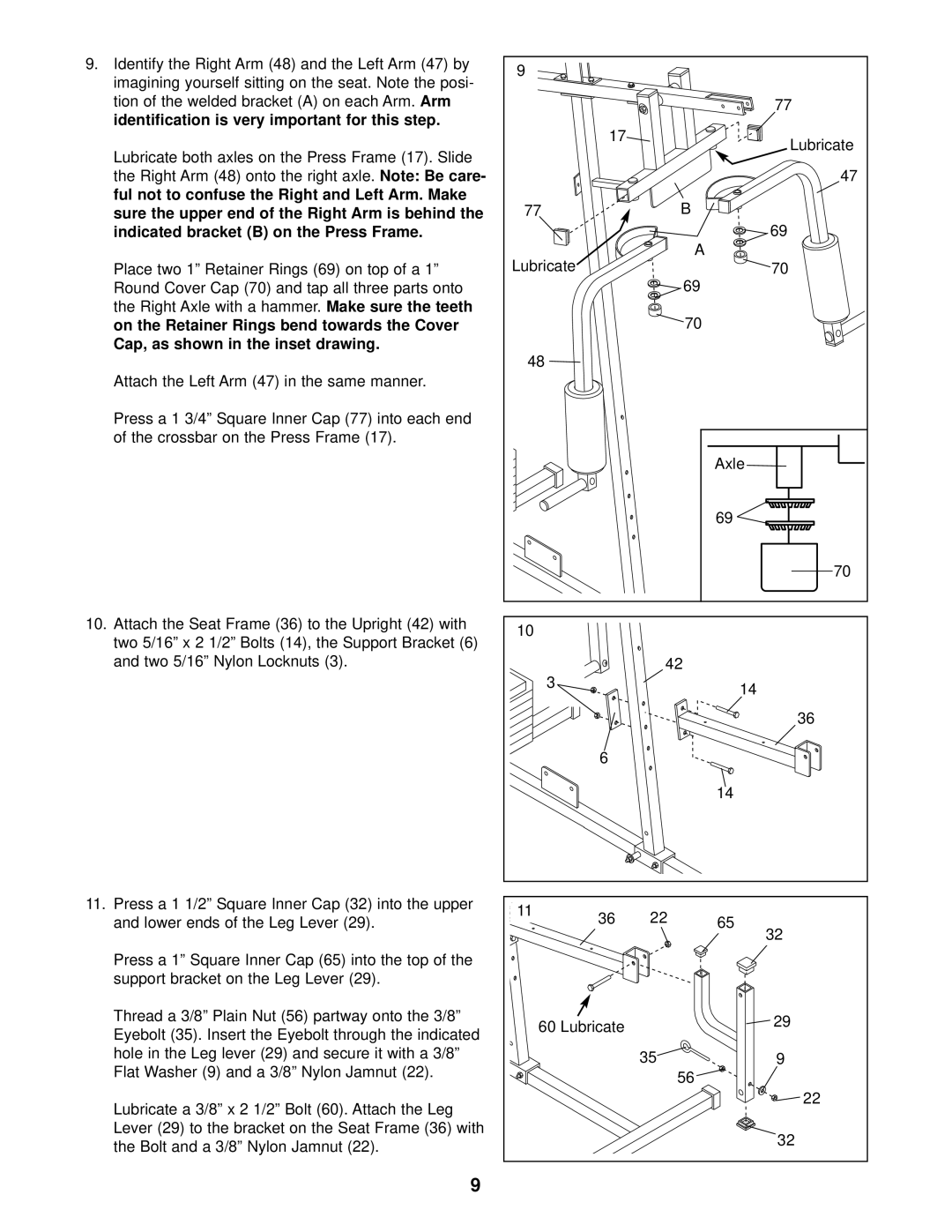 Weider 740 user manual Tion of the welded bracket a on each Arm 