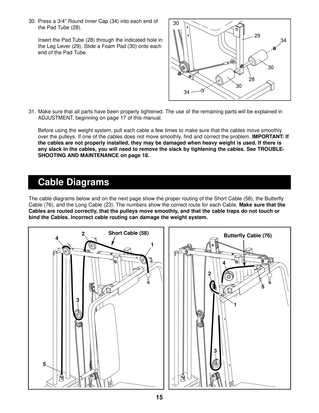 Weider 740 user manual Cable Diagrams, SHOOTING AND MAINTENANCE on page, Short Cable, Butterfly Cable 