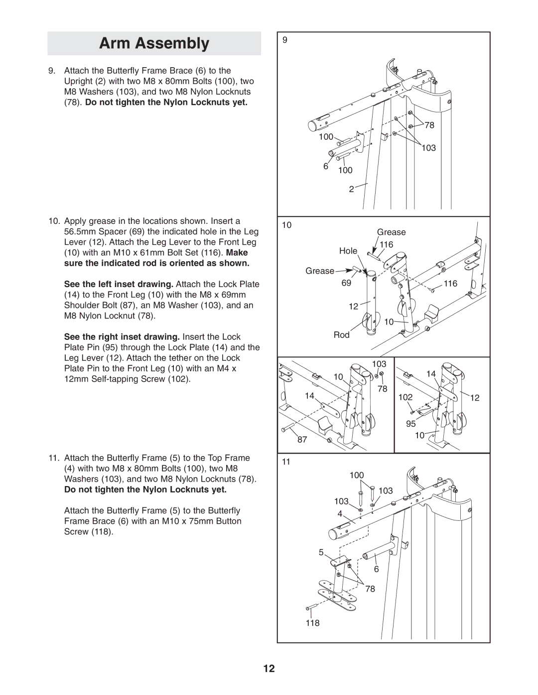 Weider 831.14622.0 Arm Assembly, See the left inset drawing. Attach the Lock Plate, Do not tighten the Nylon Locknuts yet 