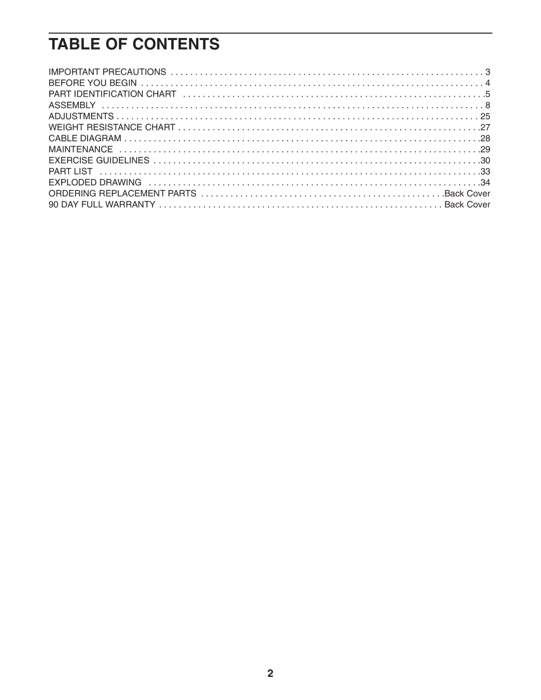 Weider 831.14622.0 user manual Table of Contents 