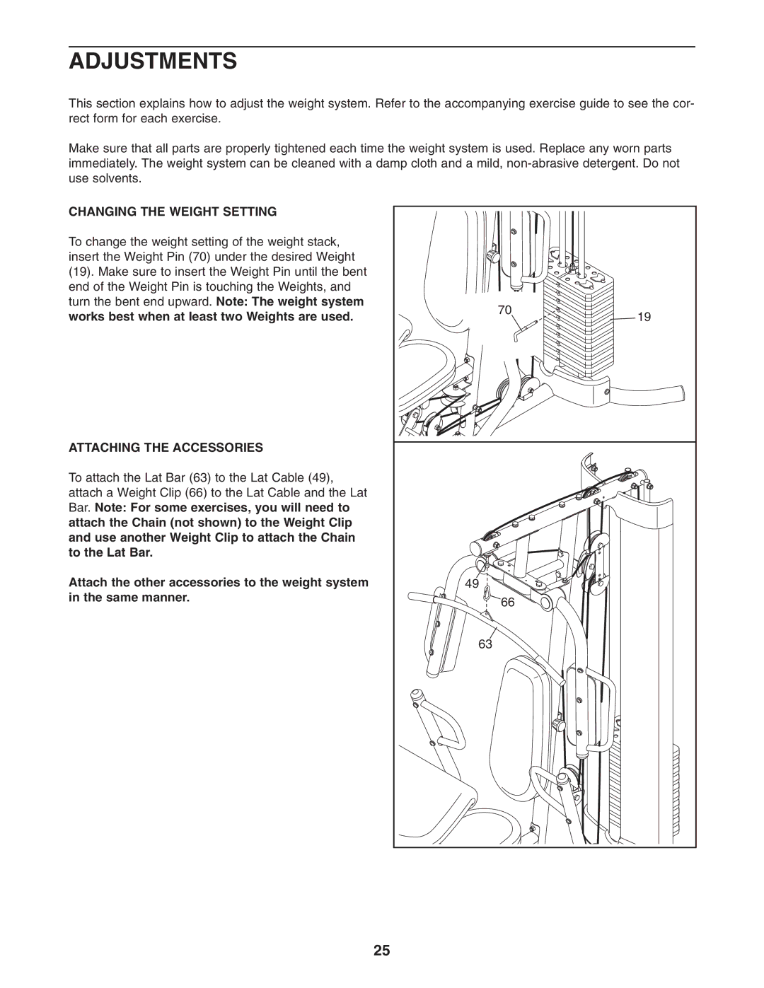 Weider 831.14622.0 user manual Adjustments, Changing the Weight Setting, Attaching the Accessories 