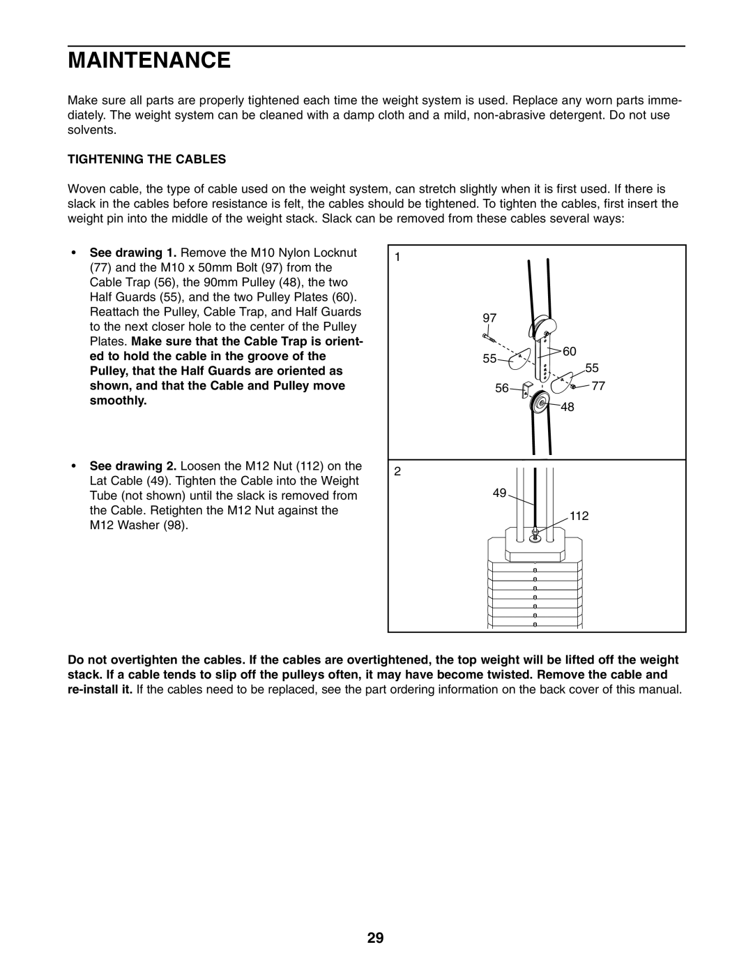 Weider 831.14622.0 user manual Maintenance, Tightening the Cables 