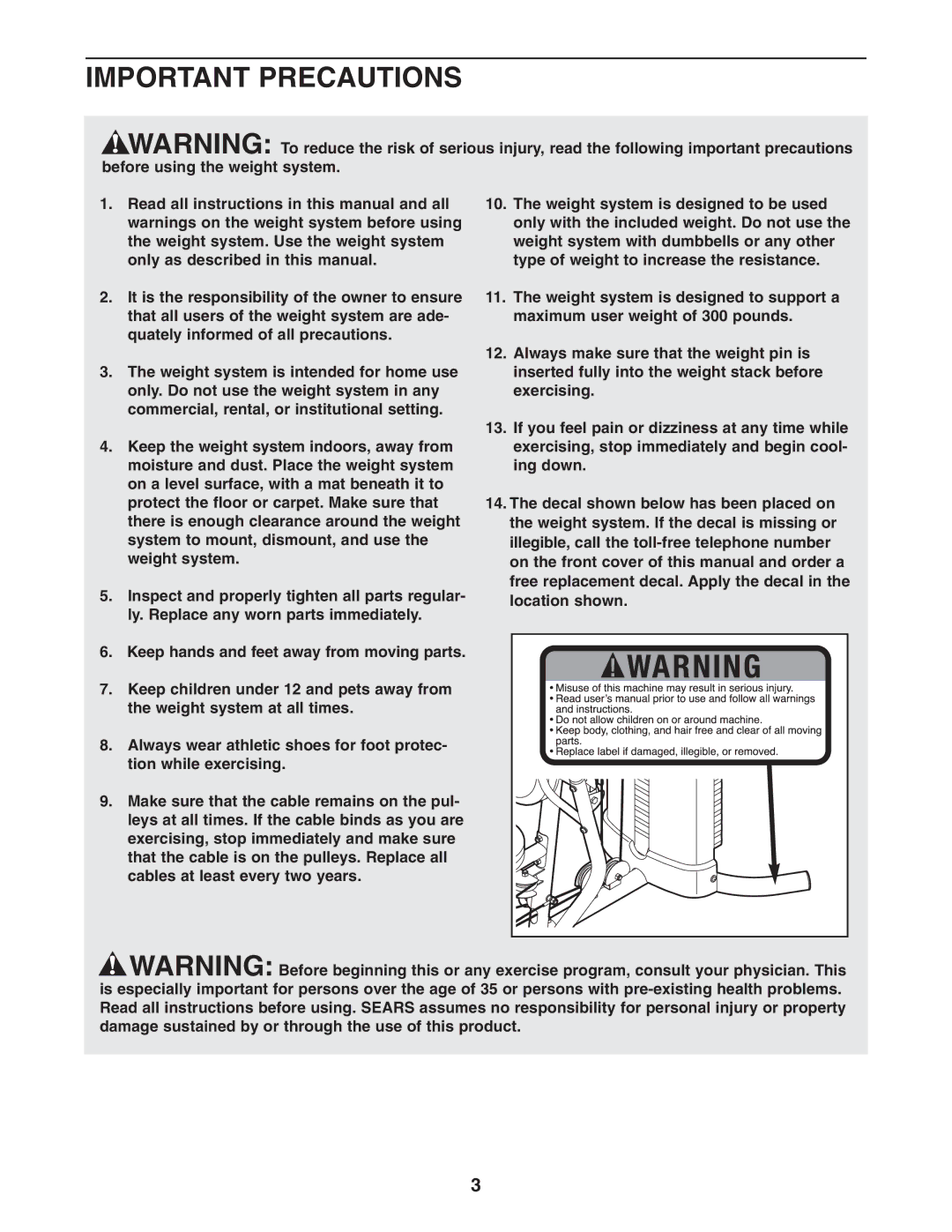 Weider 831.14622.0 user manual Important Precautions 