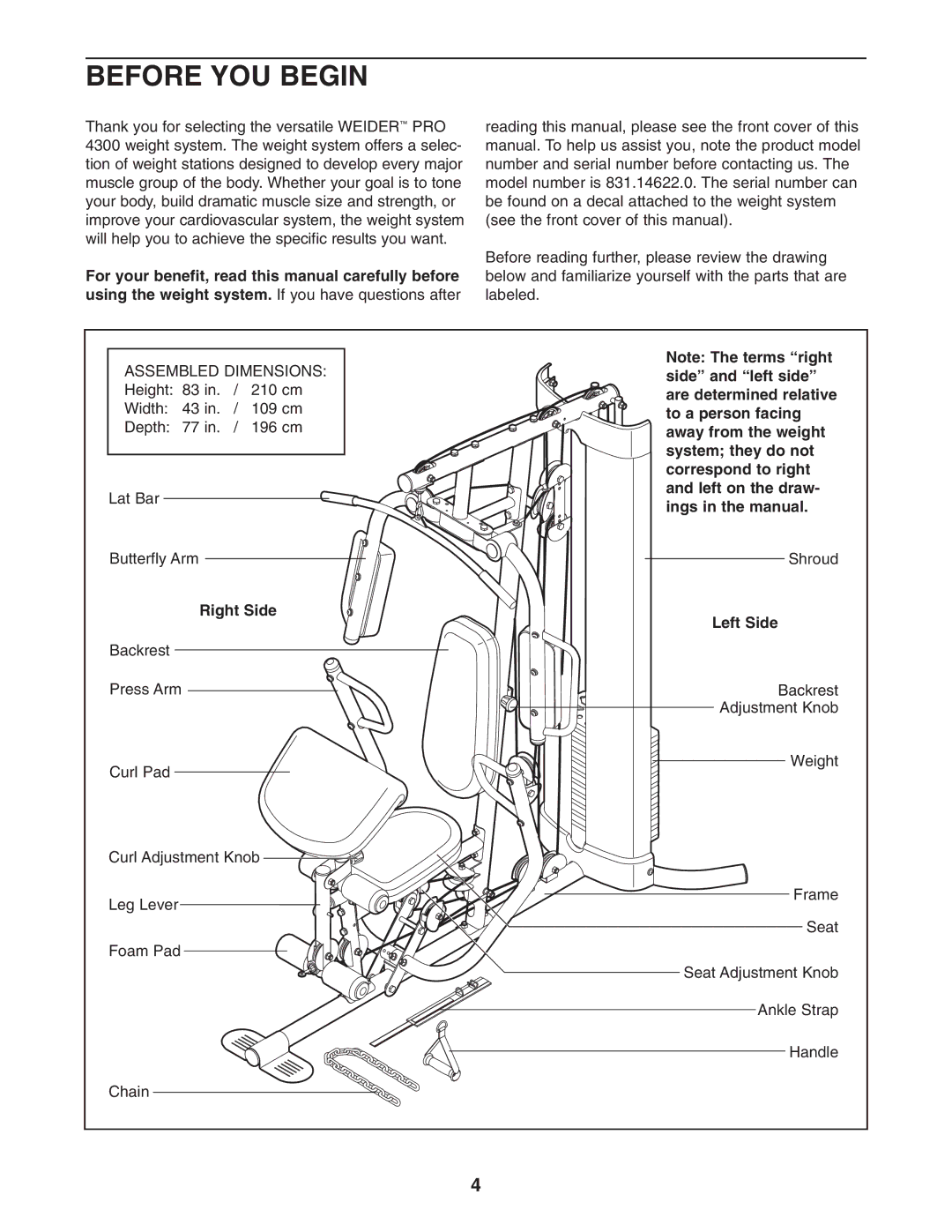 Weider 831.14622.0 user manual Before YOU Begin, Right Side, Left Side 