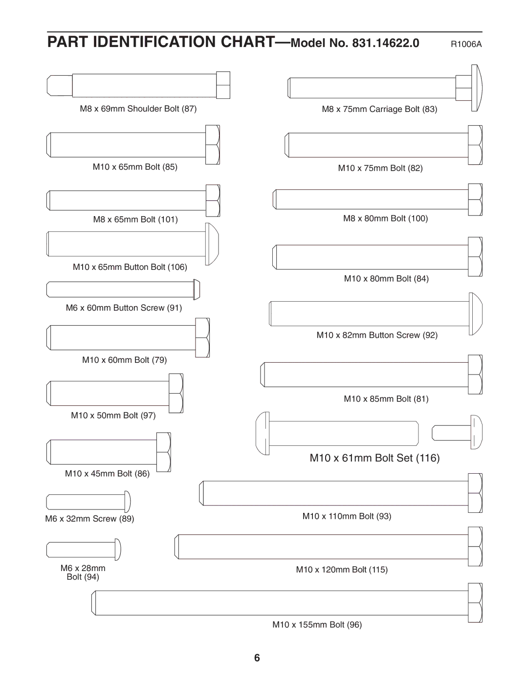 Weider 831.14622.0 user manual M10 x 61mm Bolt Set 