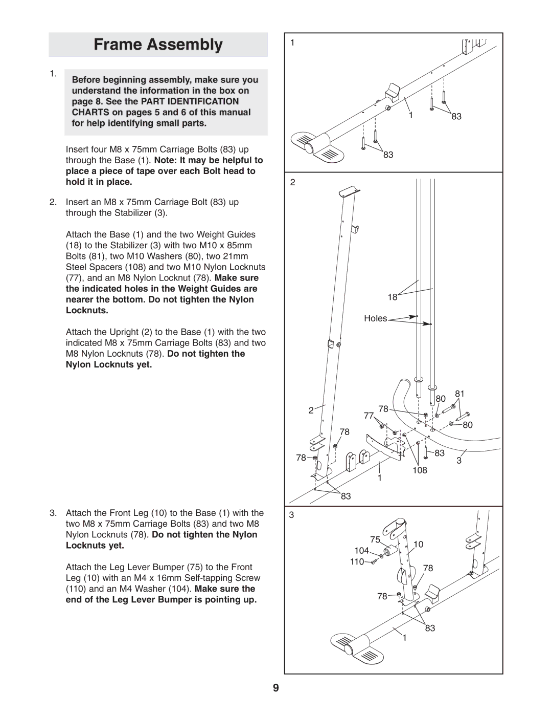 Weider 831.14622.0 user manual Frame Assembly, Nylon Locknuts 78. Do not tighten the Nylon Locknuts yet 