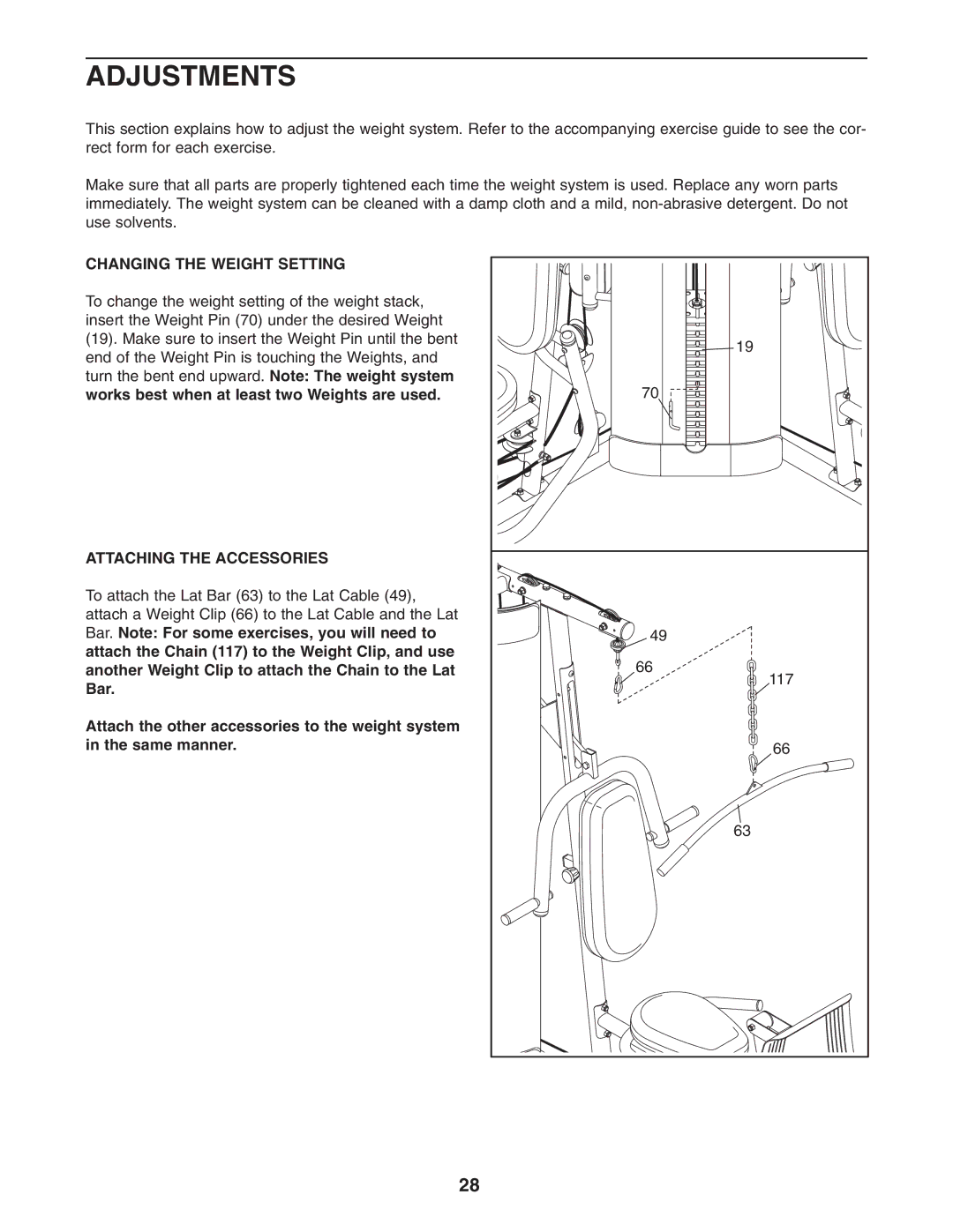 Weider 831.14623.0 user manual Adjustments, Changing the Weight Setting, Attaching the Accessories 