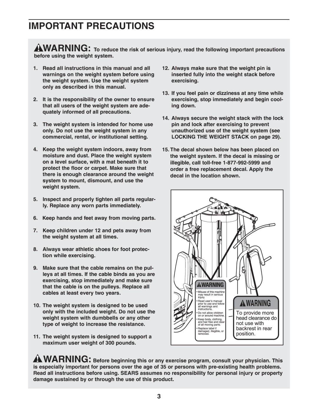 Weider 831.14623.0 user manual Important Precautions 