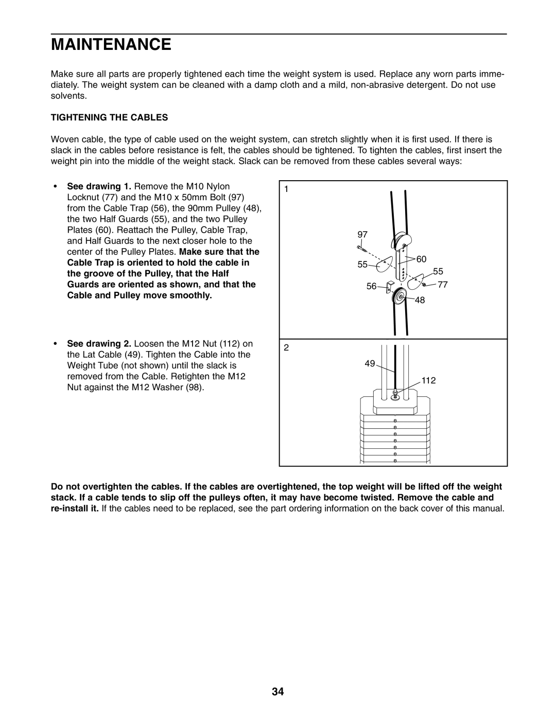 Weider 831.14623.0 user manual Maintenance, Tightening the Cables 