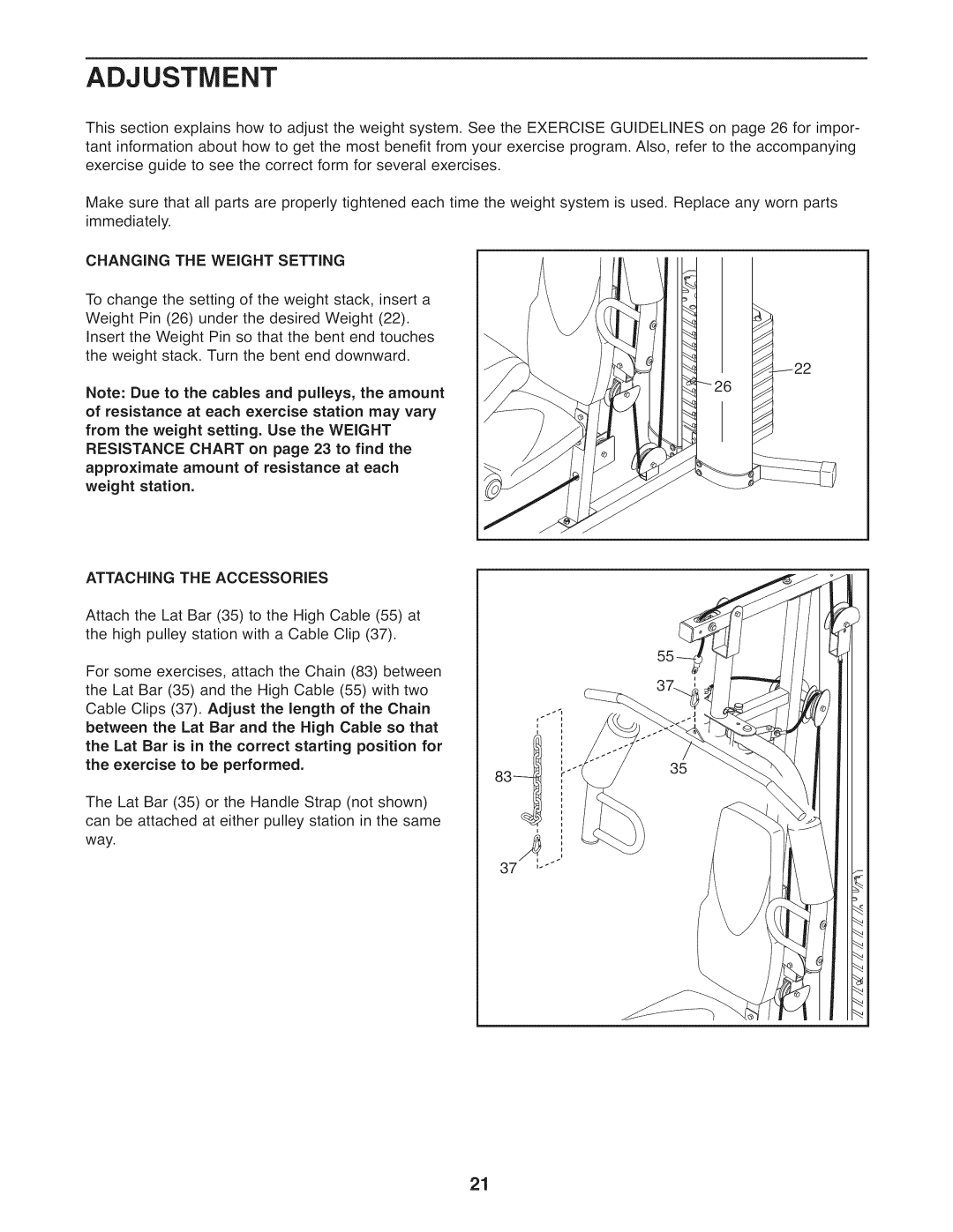 Weider 831.14922.0 user manual Adjustment, Attaching the Accessories 