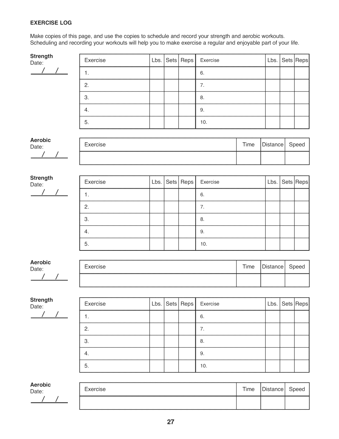 Weider 831.14922.0 user manual Exercise LOG, Strength 