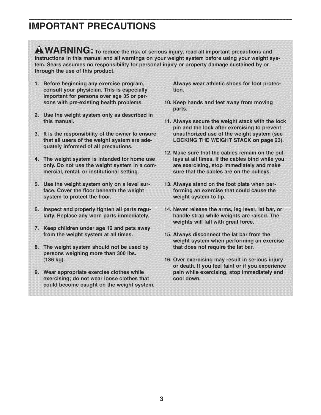 Weider 831.14922.0 user manual IMPORTANT Precautions 