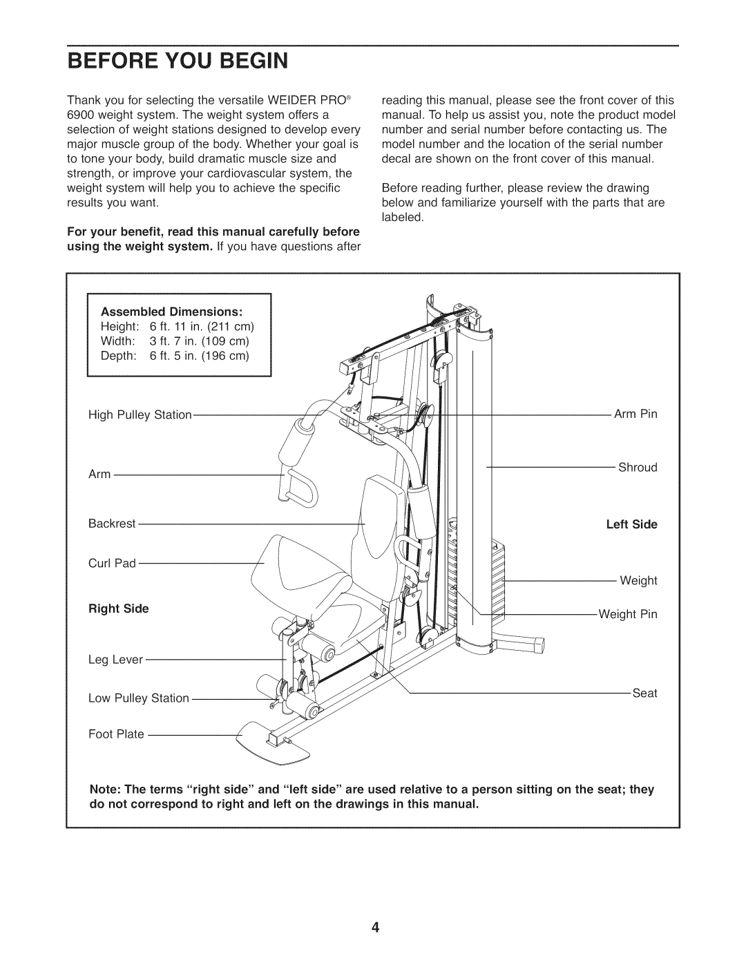 Weider 831.14922.0 user manual Before YOU Begin, Left Side 