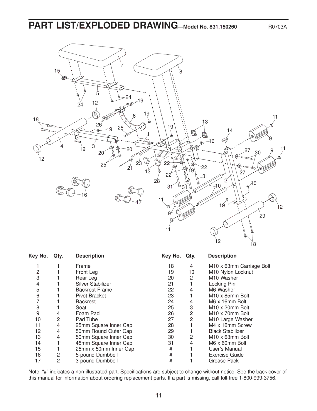 Weider 831.150260 user manual R0703A, Qty Description 