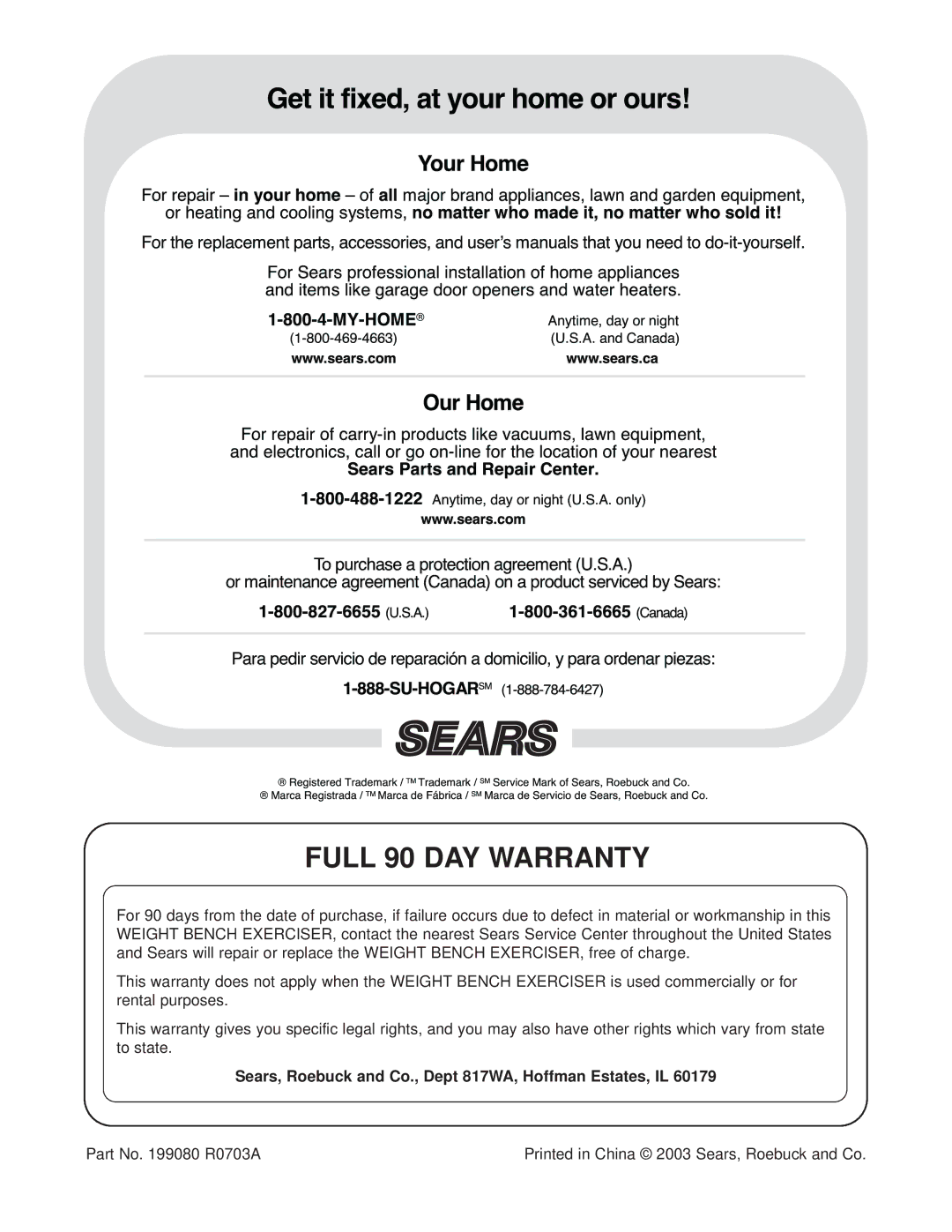 Weider 831.150260 user manual Full 90 DAY Warranty, Sears, Roebuck and Co., Dept 817WA, Hoffman Estates, IL 