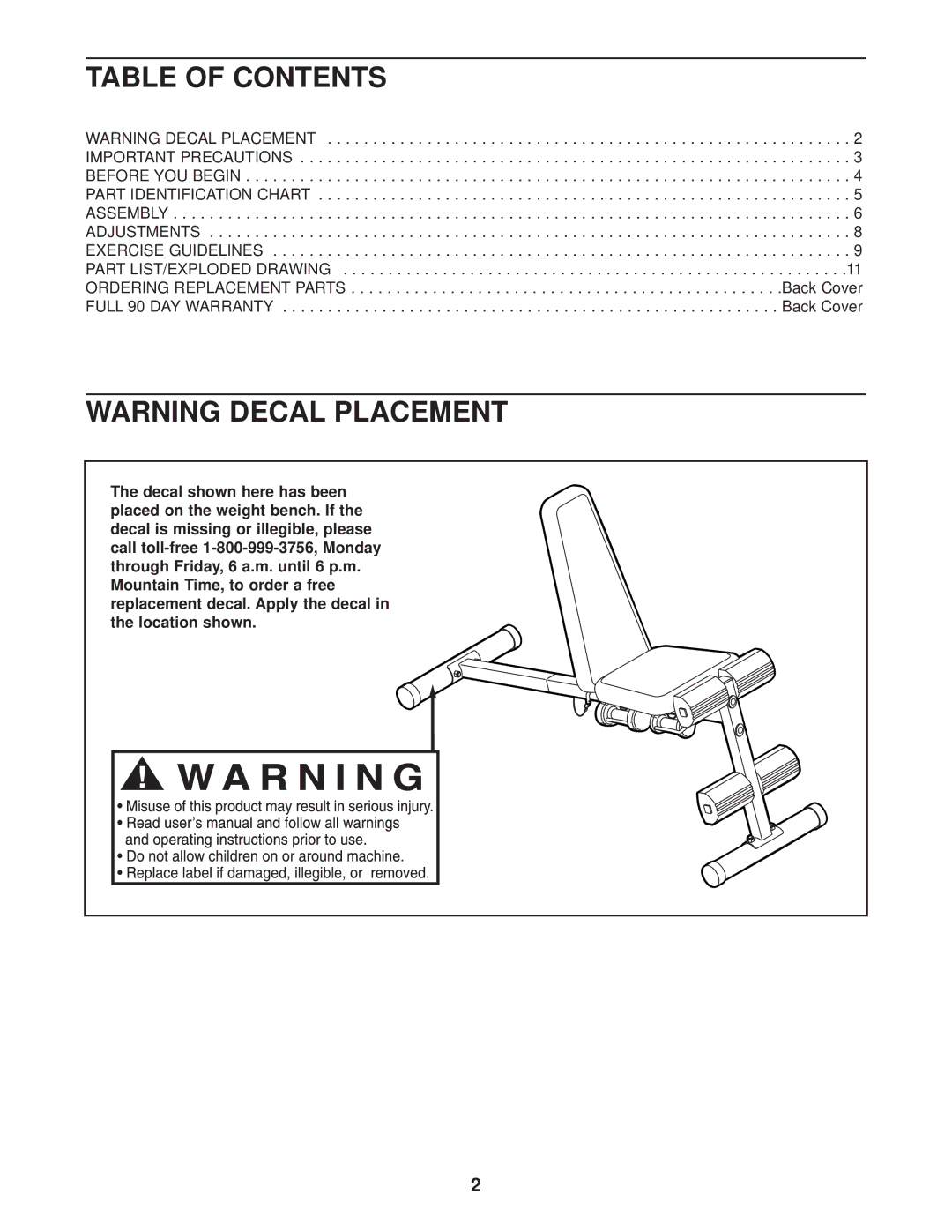 Weider 831.150260 user manual Table of Contents 