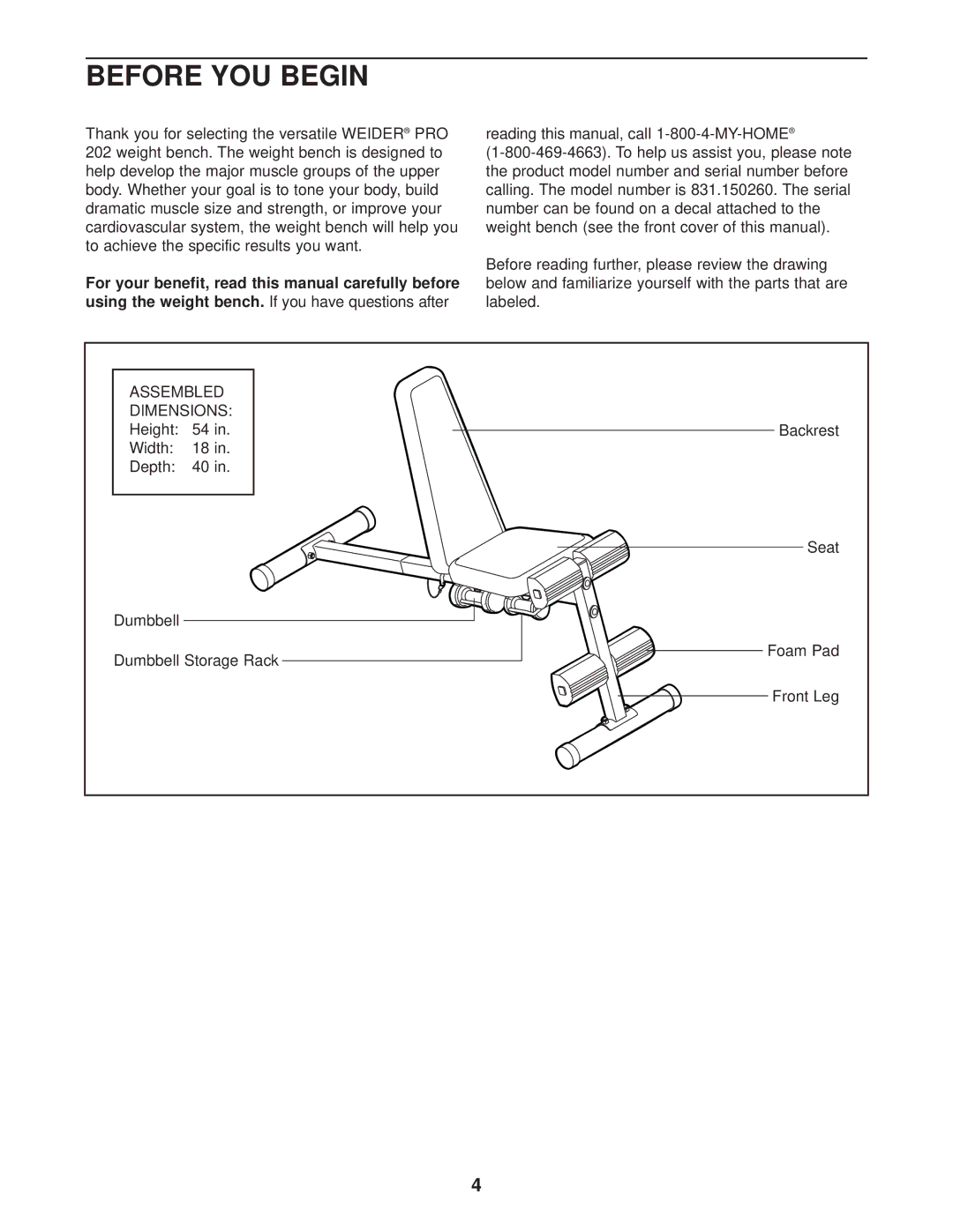 Weider 831.150260 user manual Before YOU Begin 