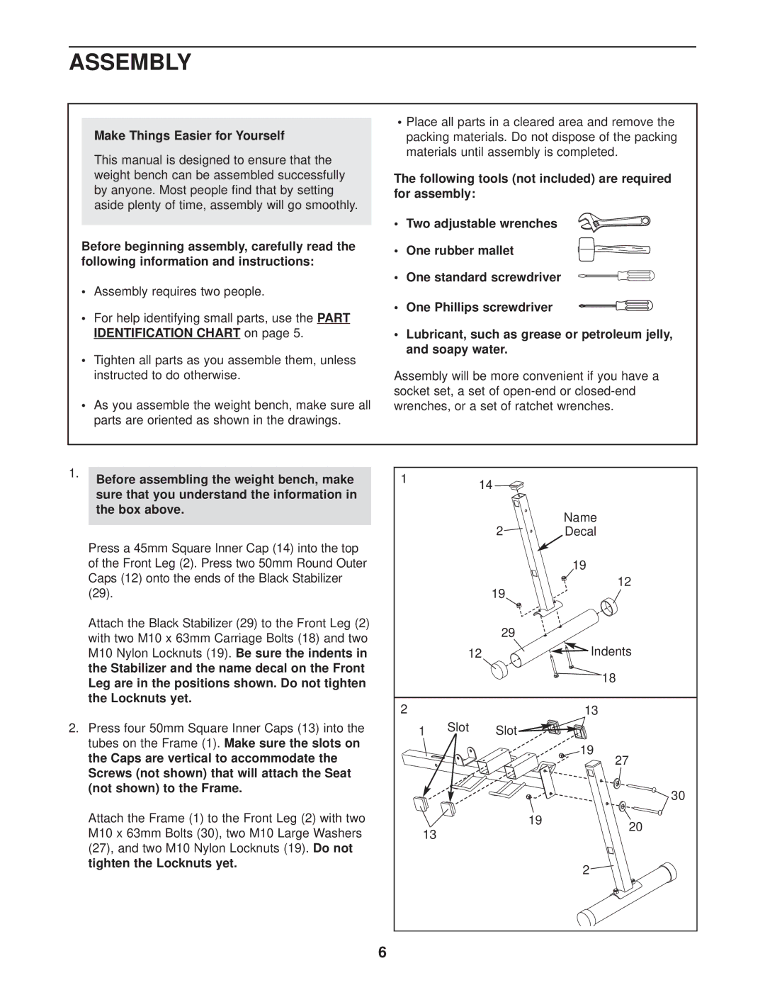 Weider 831.150260 user manual Assembly, Make Things Easier for Yourself 