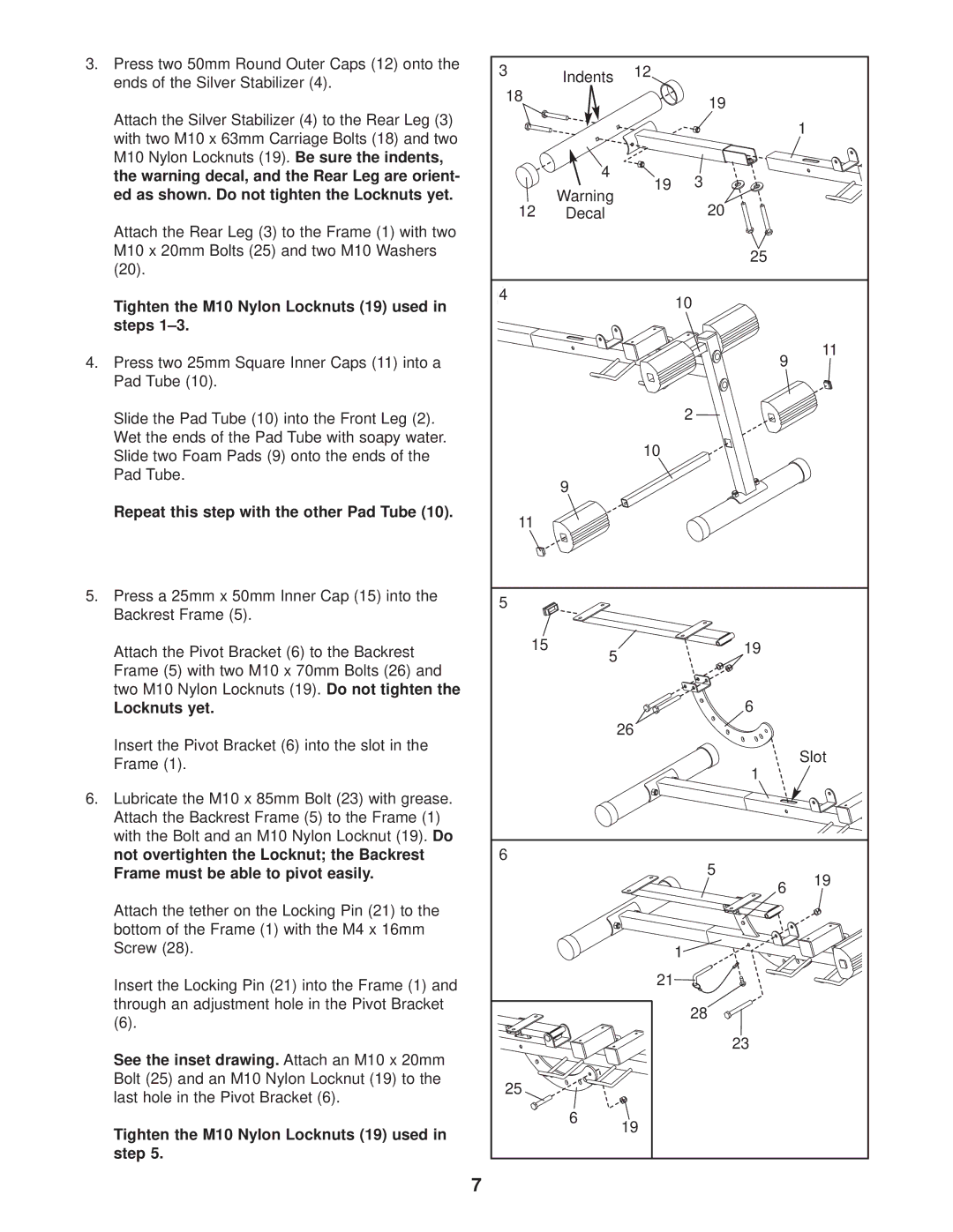 Weider 831.150260 Tighten the M10 Nylon Locknuts 19 used in steps, Repeat this step with the other Pad Tube, Locknuts yet 