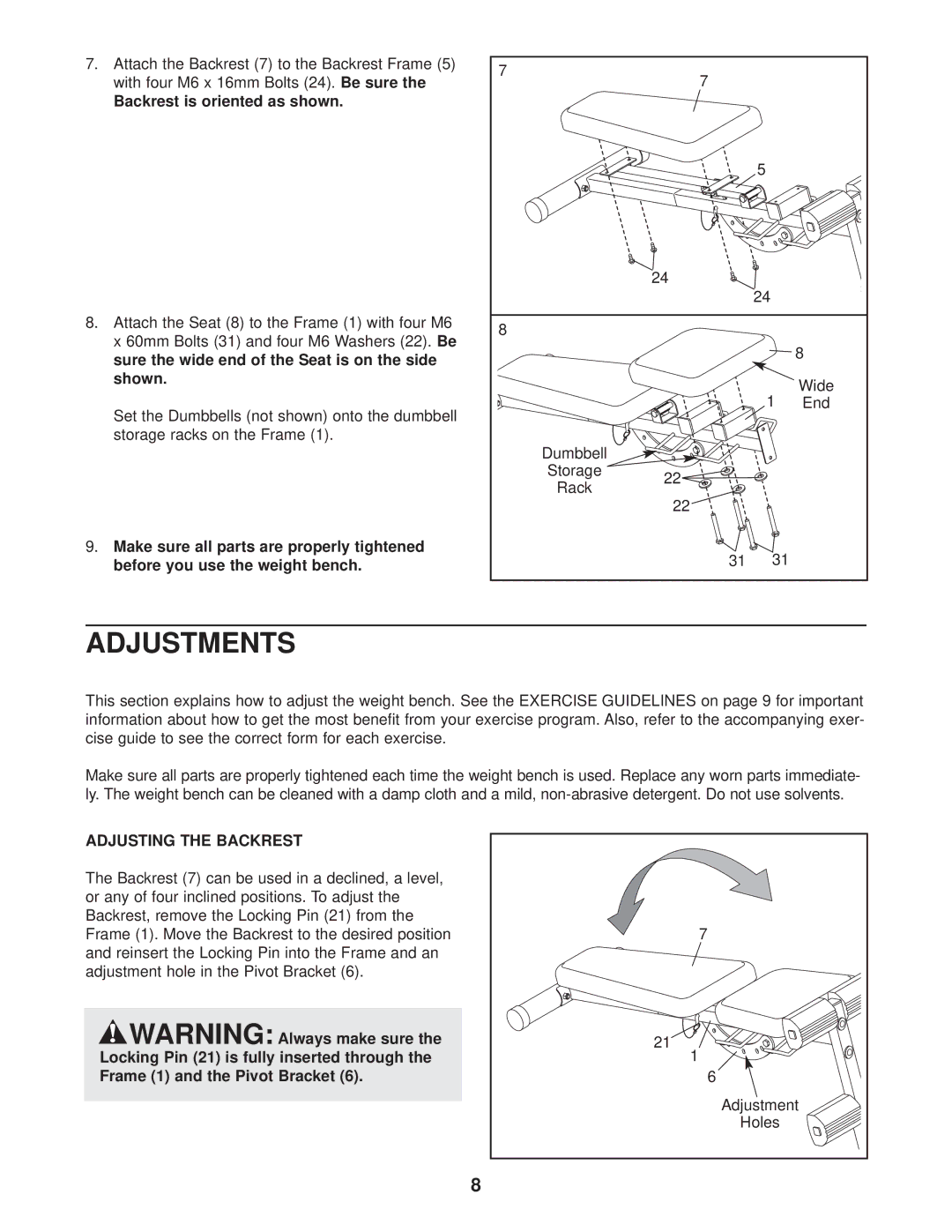 Weider 831.150260 user manual Adjustments, Backrest is oriented as shown, Adjusting the Backrest 