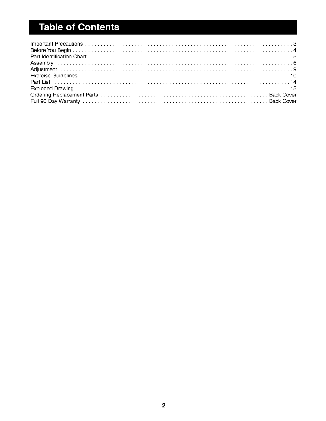 Weider 831.150280 user manual Table of Contents 