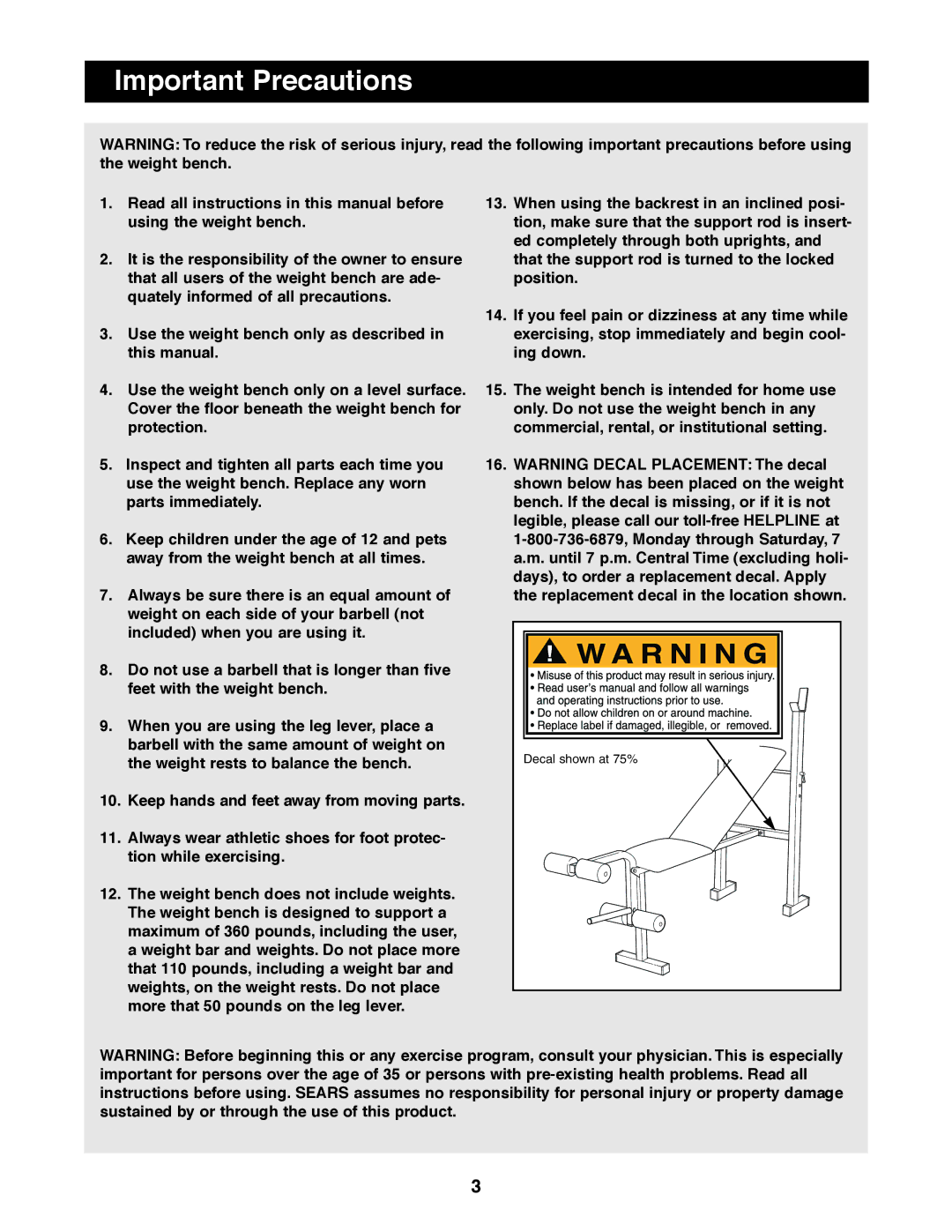 Weider 831.150280 user manual Important Precautions 