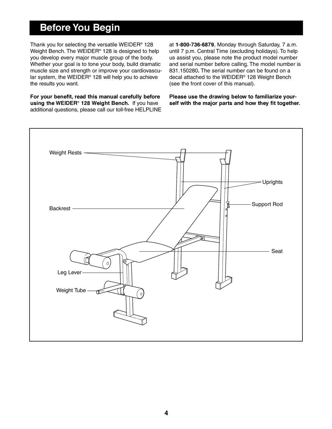 Weider 831.150280 user manual Before You Begin 