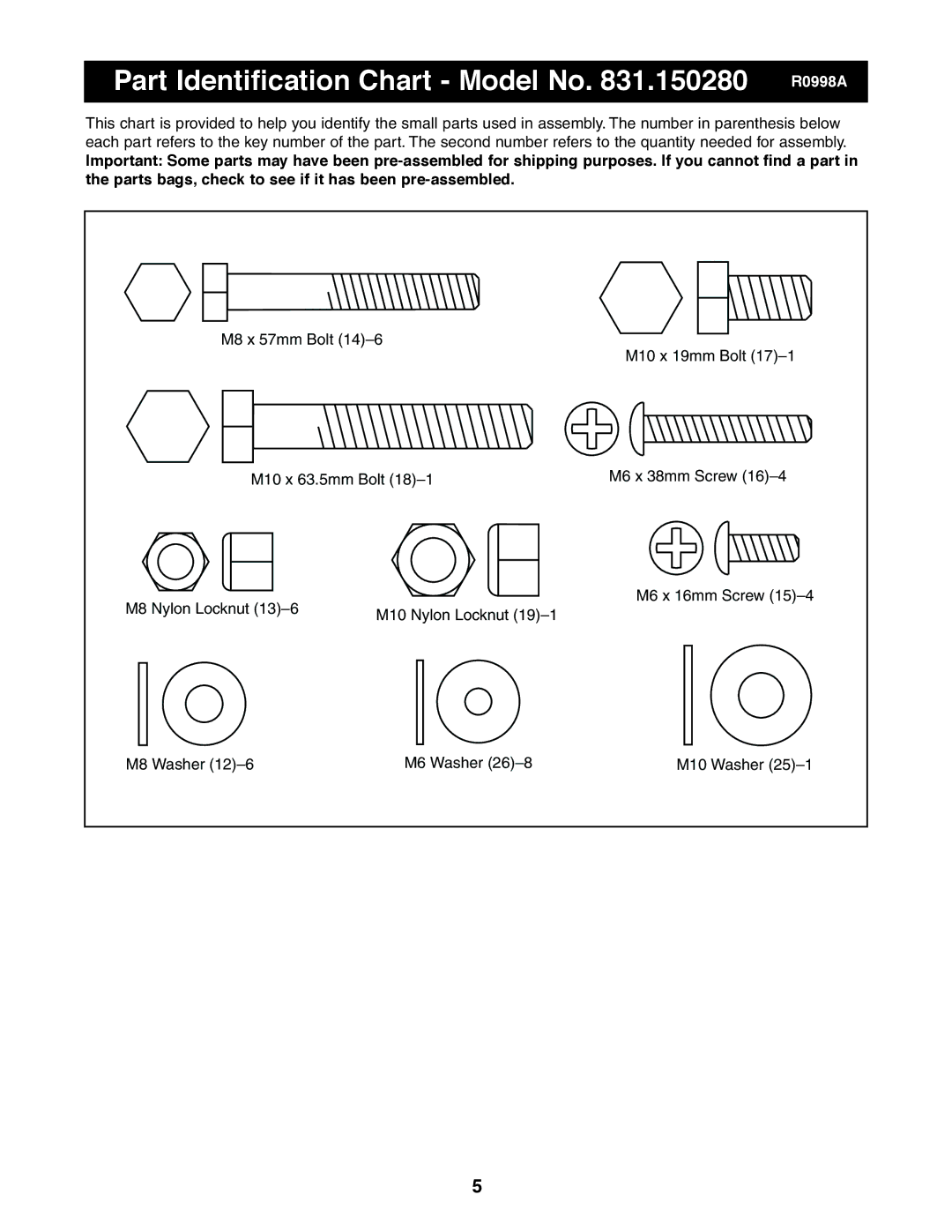 Weider 831.150280 user manual Part Identification Chart Model No .150280 R0998A 