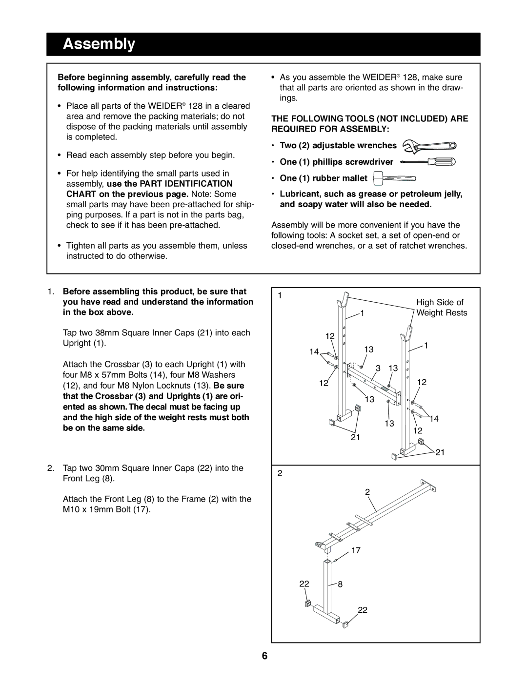 Weider 831.150280 user manual Following Tools not Included are Required for Assembly 