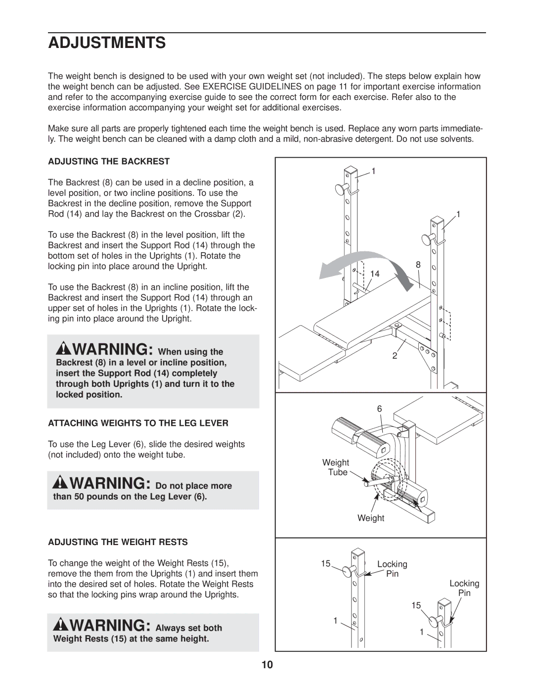 Weider 831.150290 user manual Adjustments, Adjusting the Backrest 