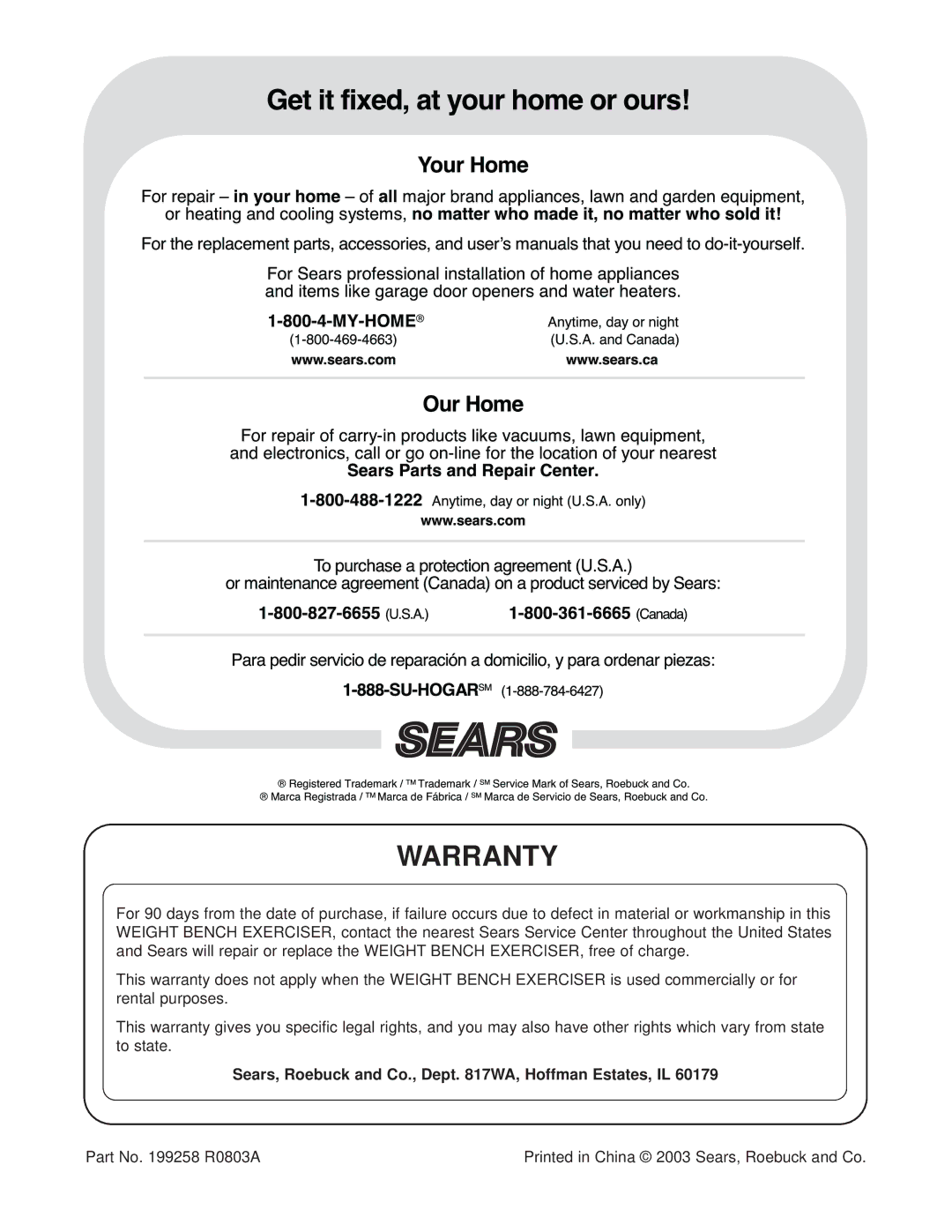 Weider 831.150290 user manual Warranty, Sears, Roebuck and Co., Dept WA, Hoffman Estates, IL 