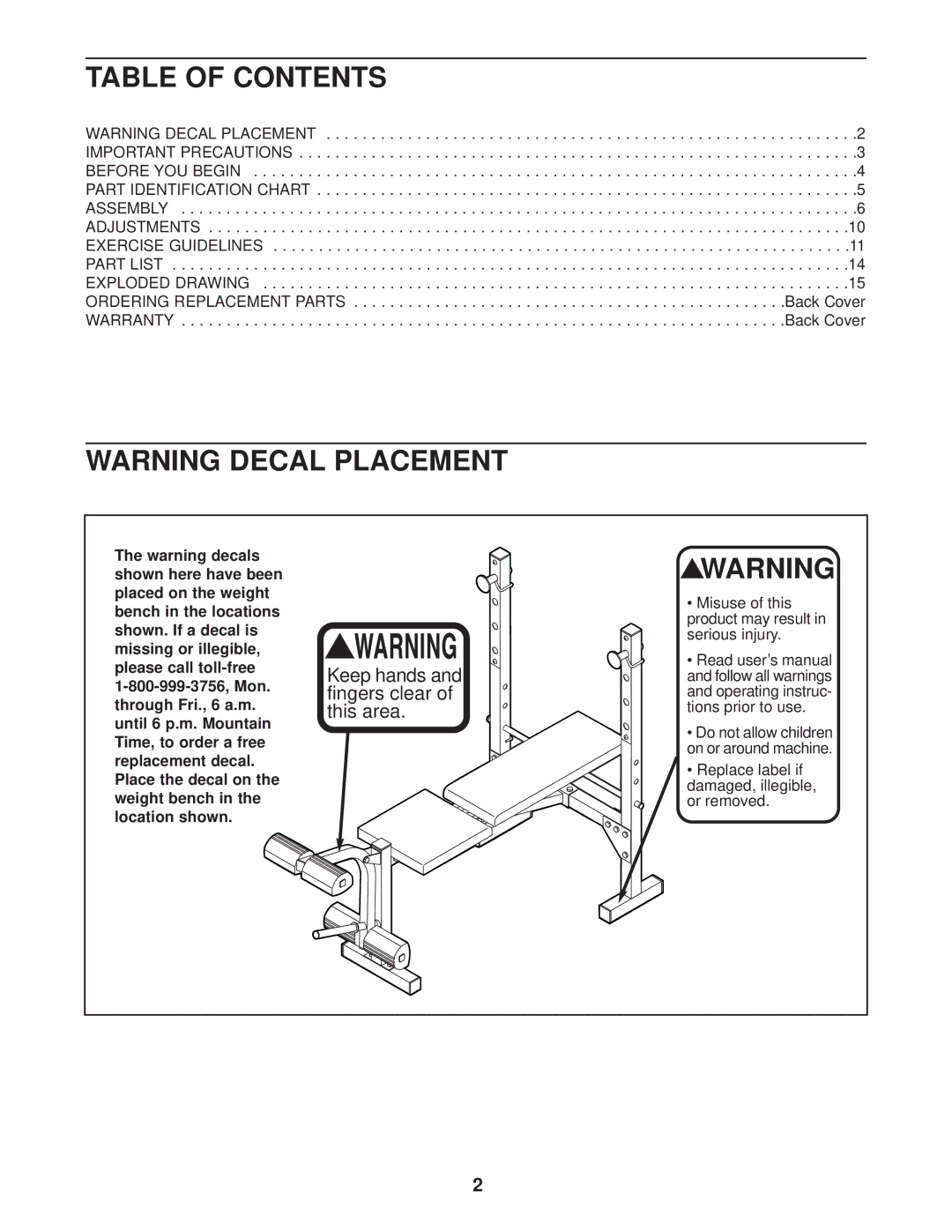 Weider 831.150290 user manual Table of Contents 