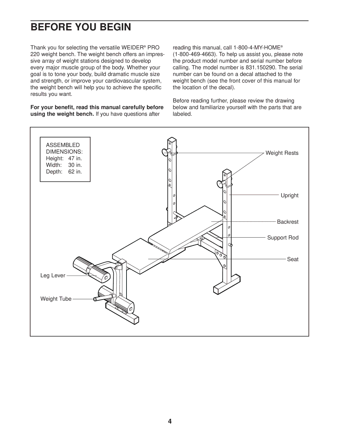 Weider 831.150290 user manual Before YOU Begin 